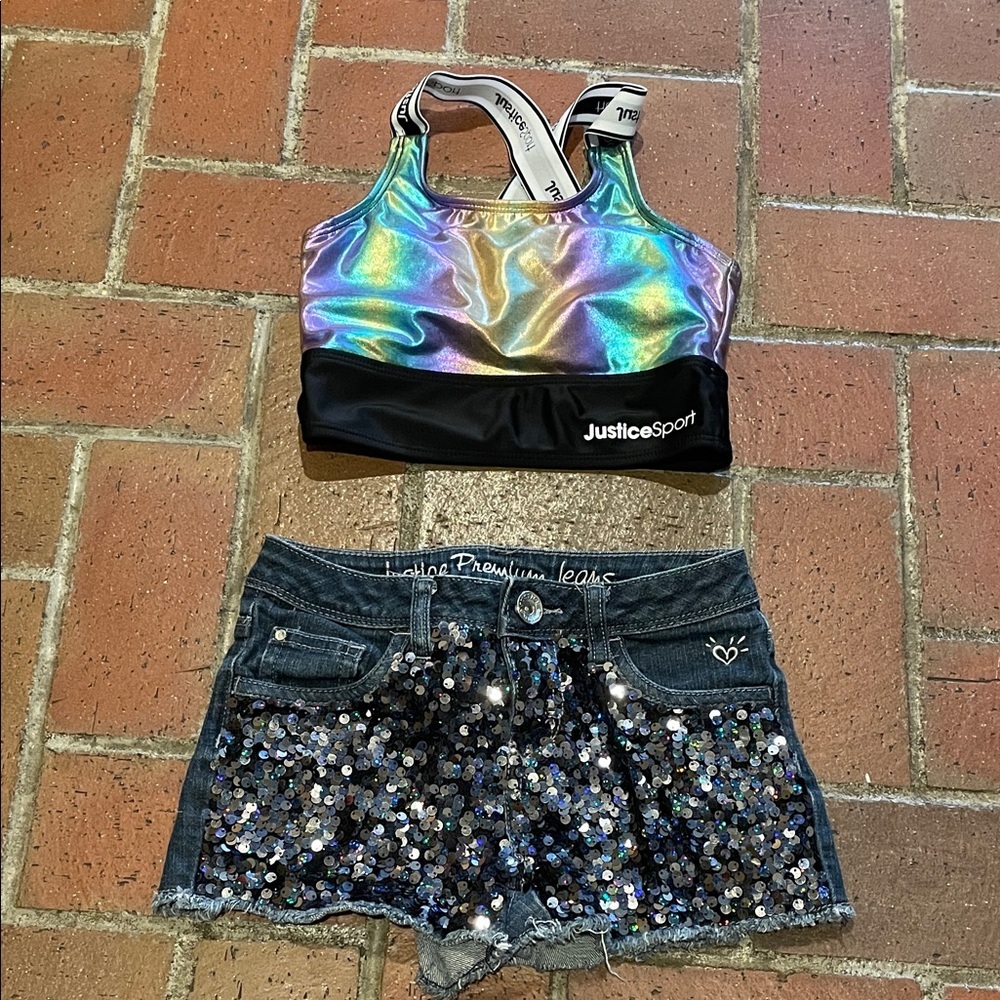 Justice Dark Blue Sequin Jean Shorts‎ & Metallic Sports Bra